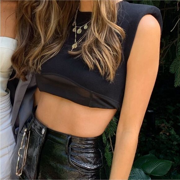 NWT Zara Black Sleeveless Mesh Shoulder Pads Top - Picture 2 of 5